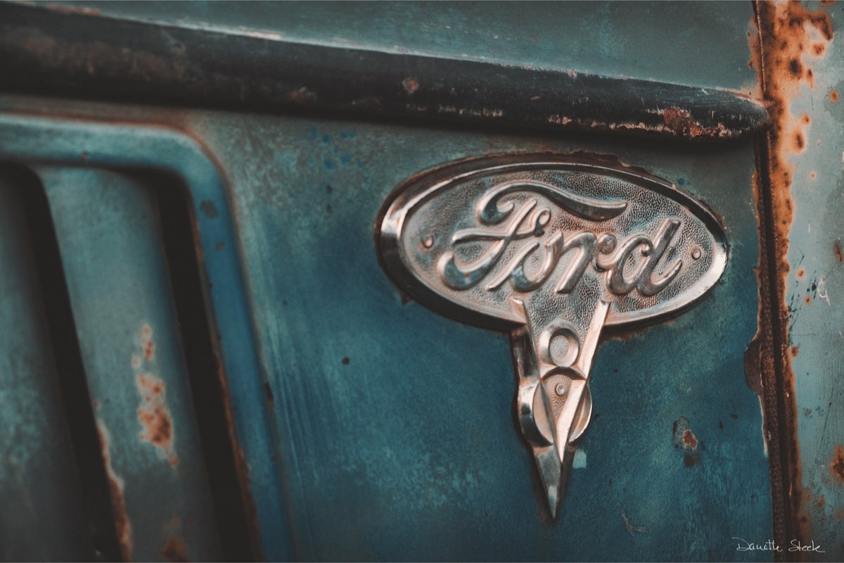 Teal Ford Emblem Close-Up – Vintage Truck Rust Photography Print