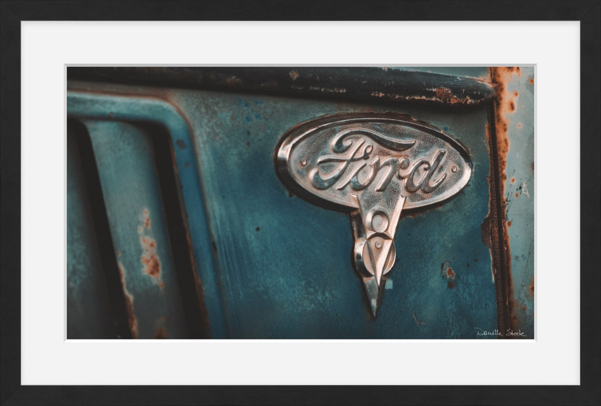Teal Ford Emblem Close-Up – Vintage Truck Rust Photography Print