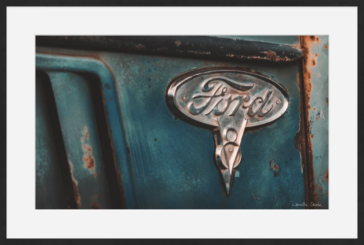 Teal Ford Emblem Close-Up – Vintage Truck Rust Photography Print