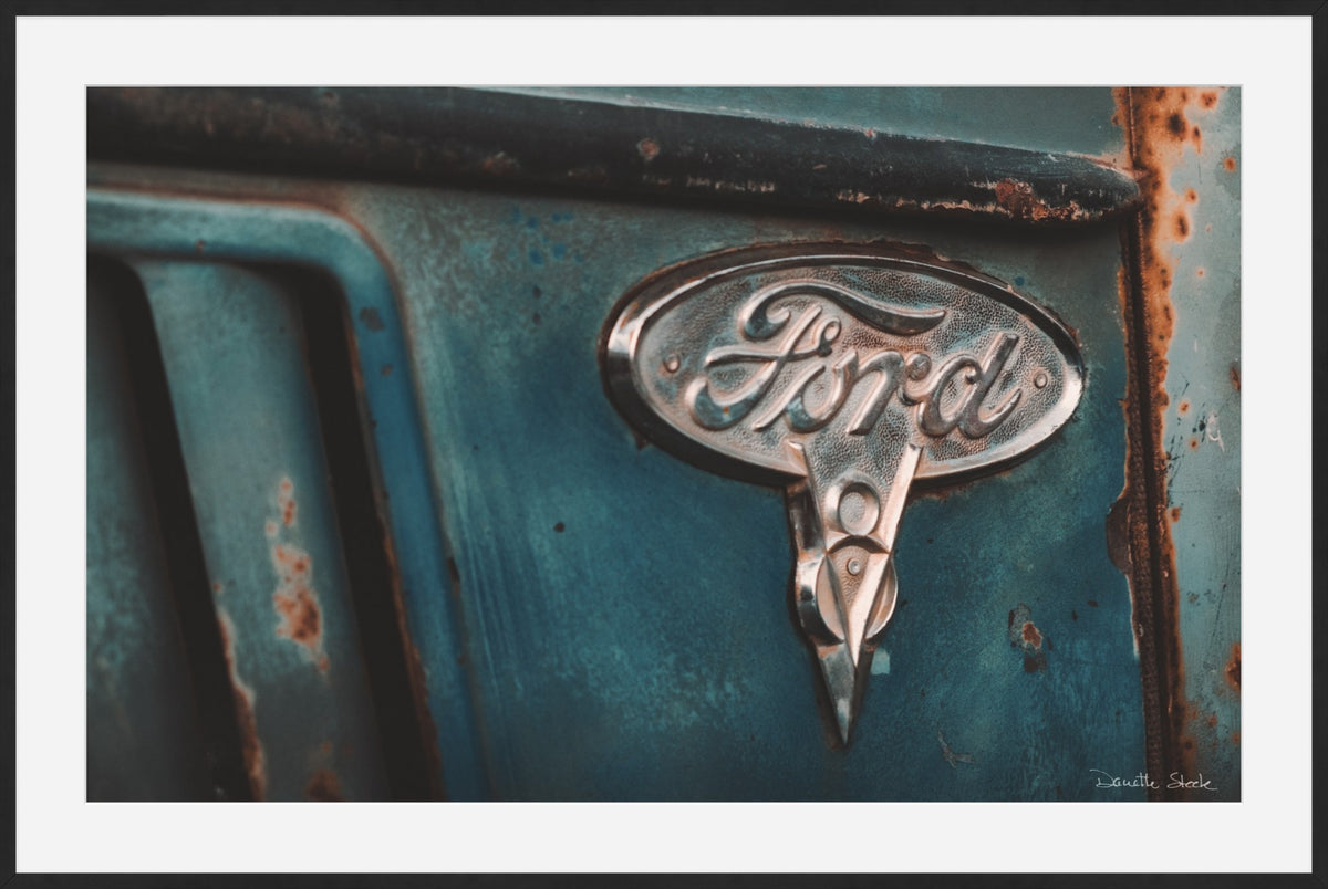 Teal Ford Emblem Close-Up – Vintage Truck Rust Photography Print