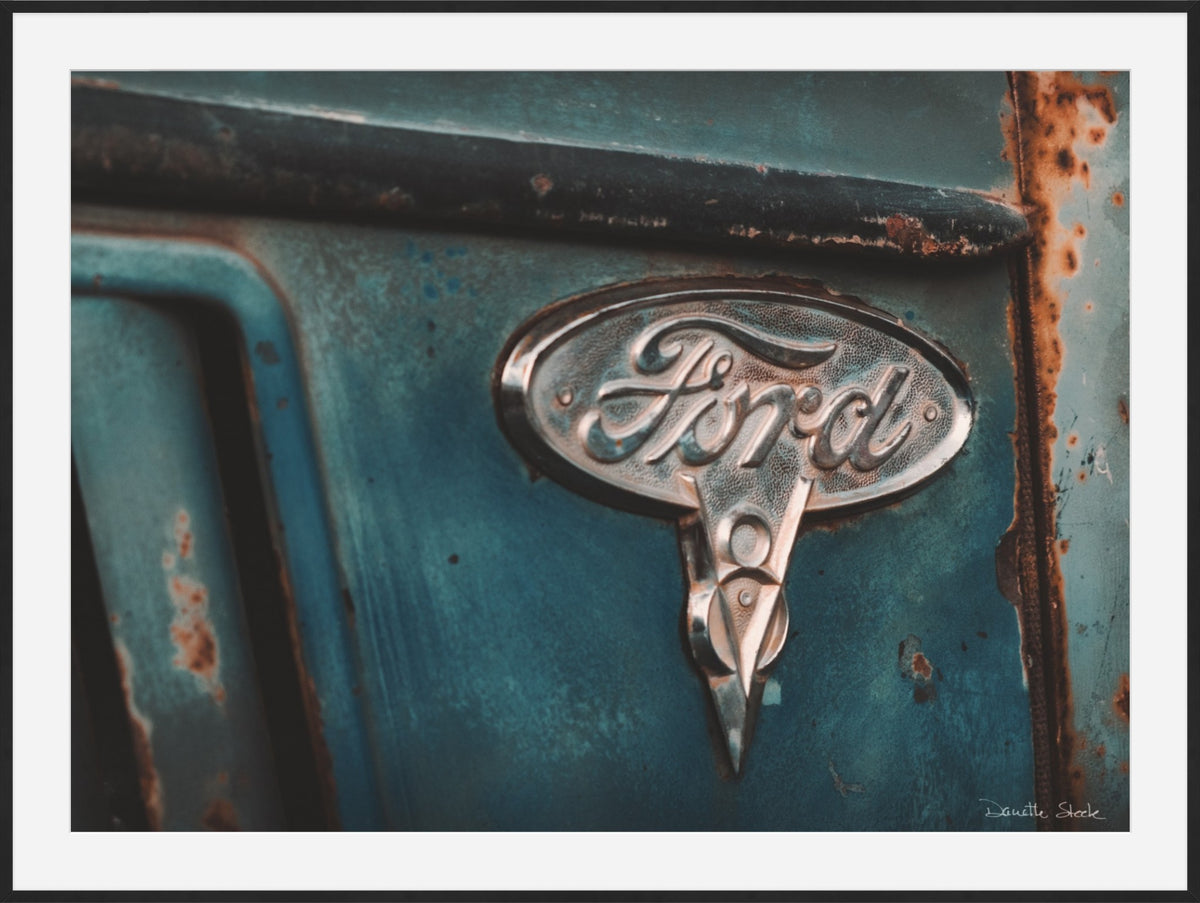 Teal Ford Emblem Close-Up – Vintage Truck Rust Photography Print
