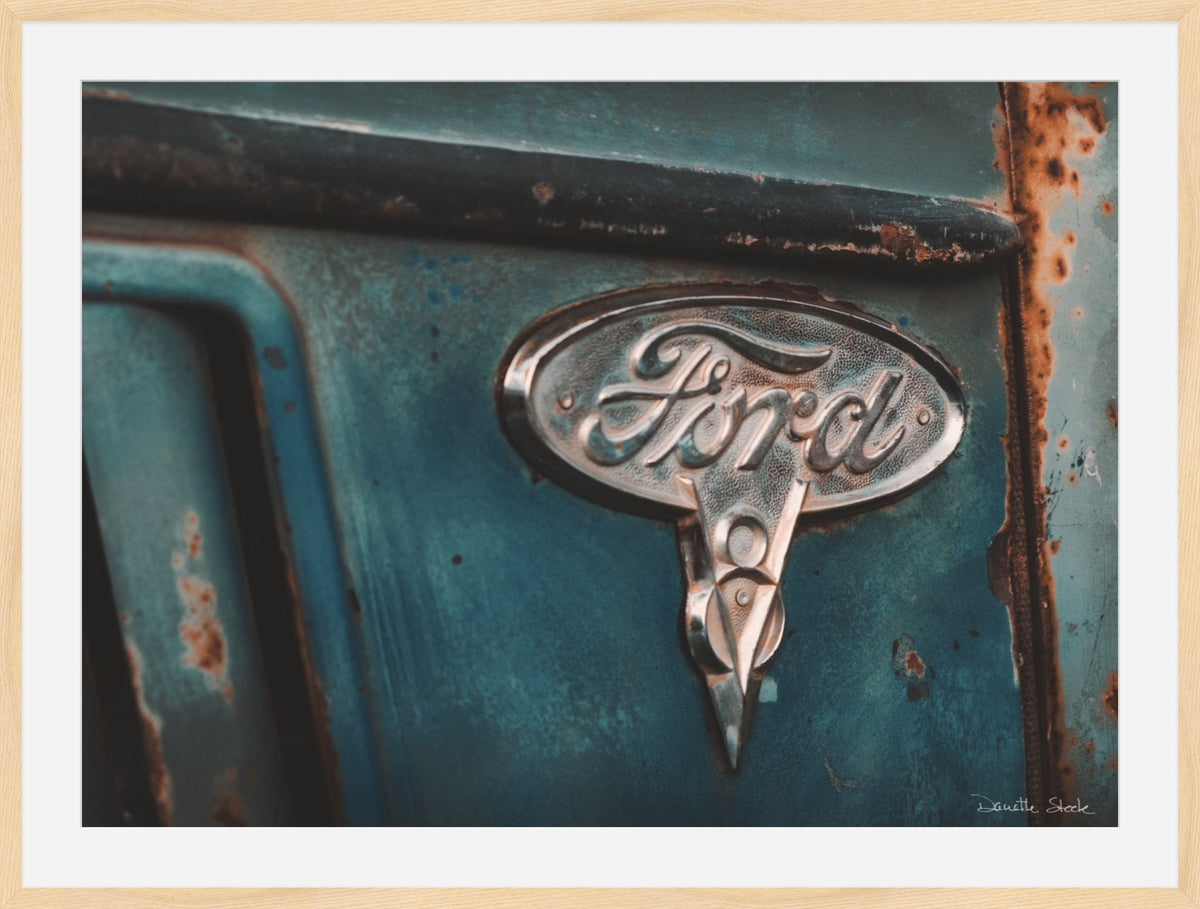 Teal Ford Emblem Close-Up – Vintage Truck Rust Photography Print