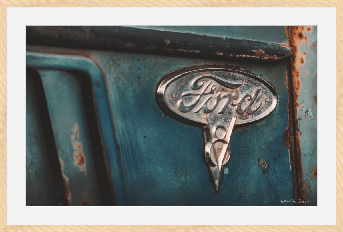 Teal Ford Emblem Close-Up – Vintage Truck Rust Photography Print