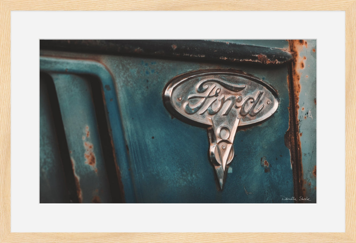Teal Ford Emblem Close-Up – Vintage Truck Rust Photography Print