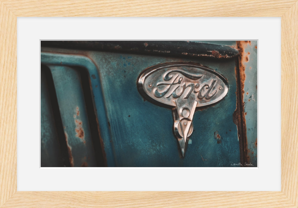 Teal Ford Emblem Close-Up – Vintage Truck Rust Photography Print
