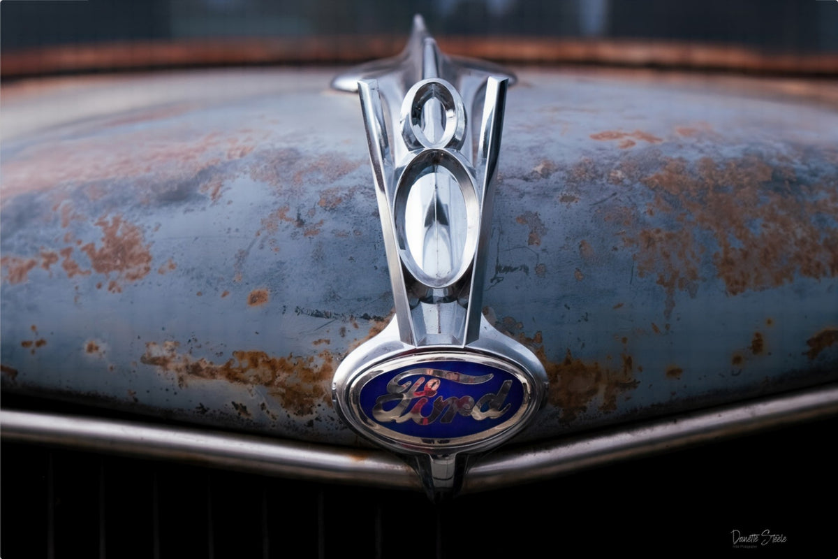 Vintage Ford V8 Hood Ornament Photo Print – Rustic Classic Car Wall Art