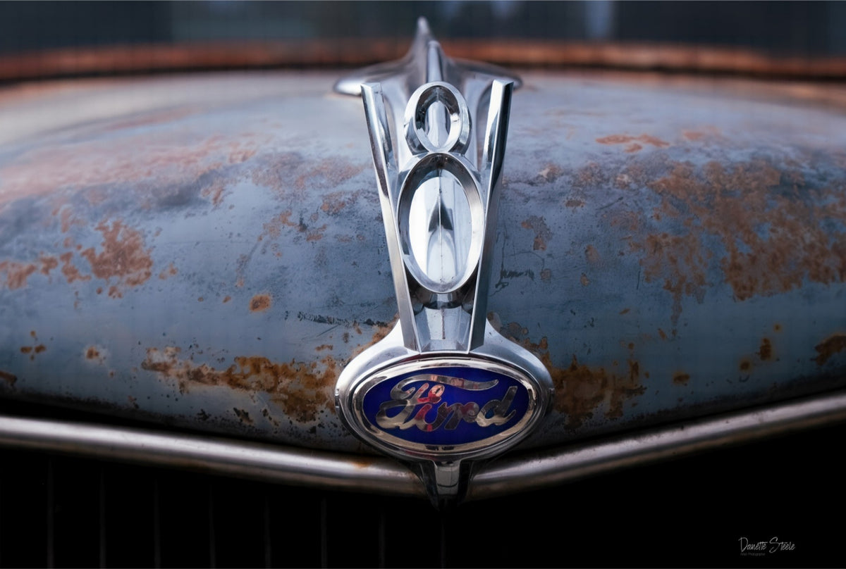 Vintage Ford V8 Hood Ornament Photo Print – Rustic Classic Car Wall Art