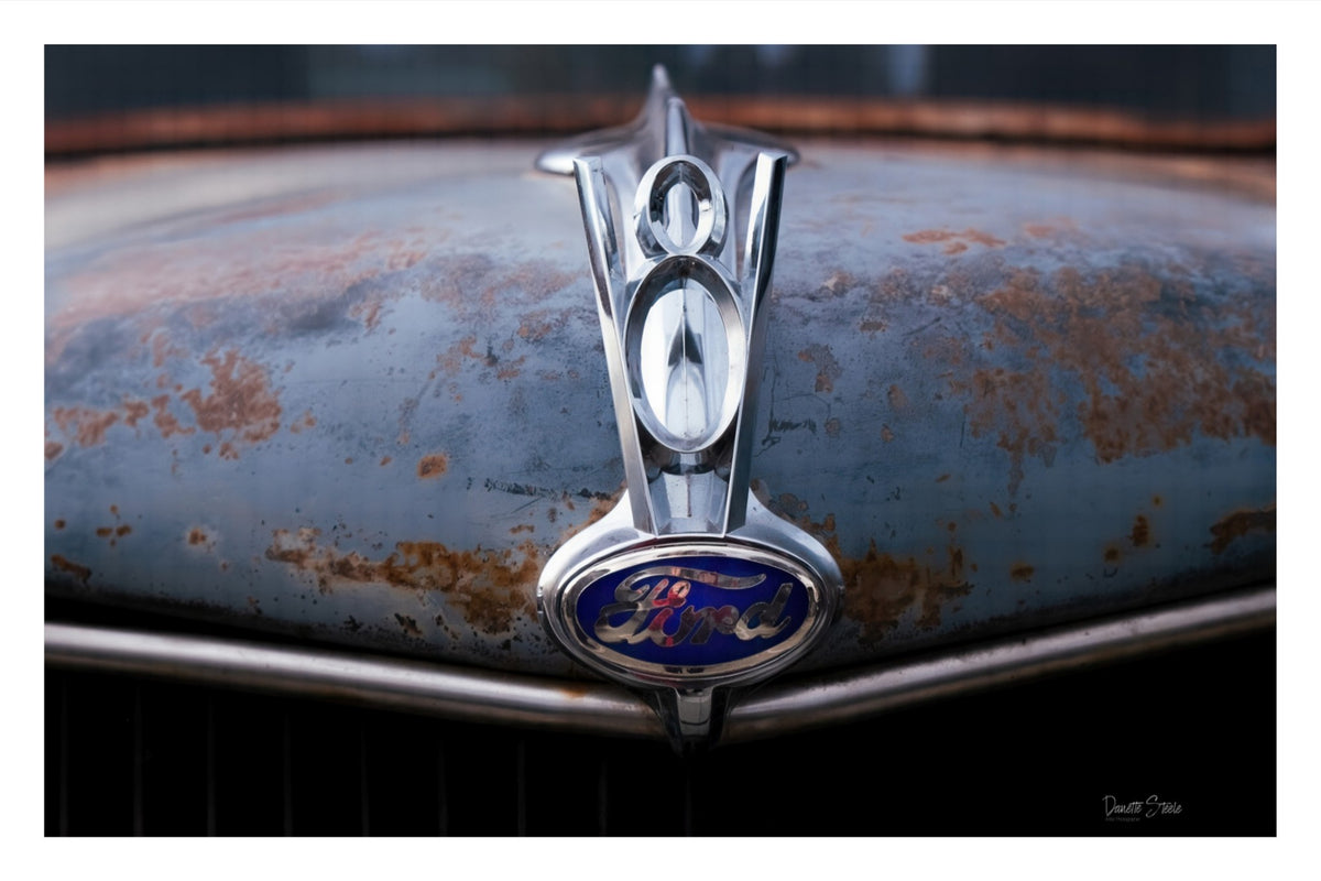 Vintage Ford V8 Hood Ornament Photo Print – Rustic Classic Car Wall Art