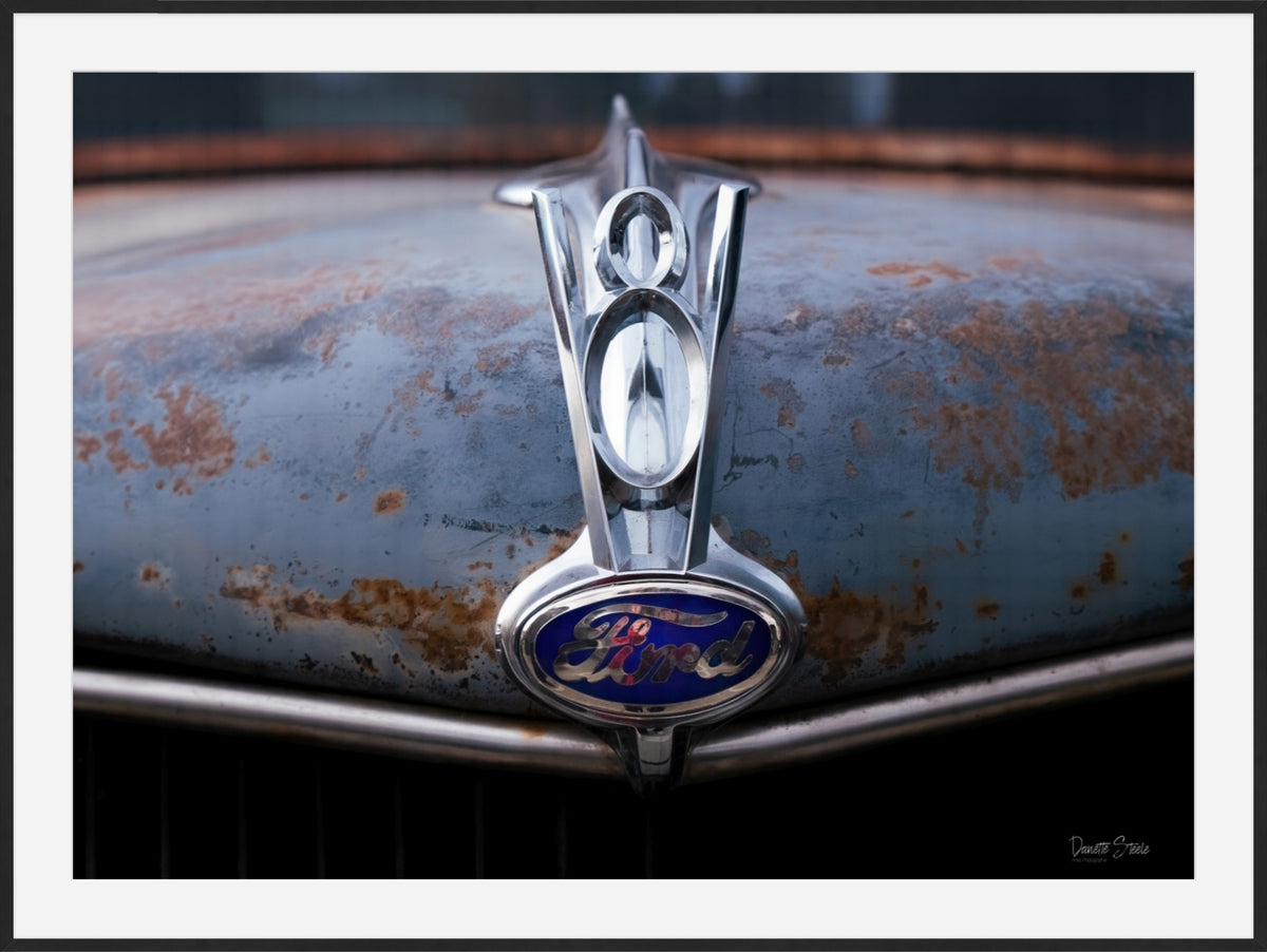 Vintage Ford V8 Hood Ornament Photo Print – Rustic Classic Car Wall Art