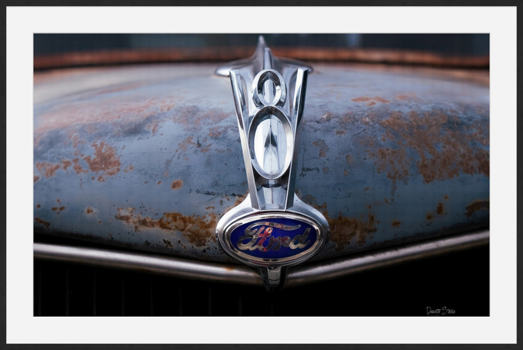Vintage Ford V8 Hood Ornament Photo Print – Rustic Classic Car Wall Art
