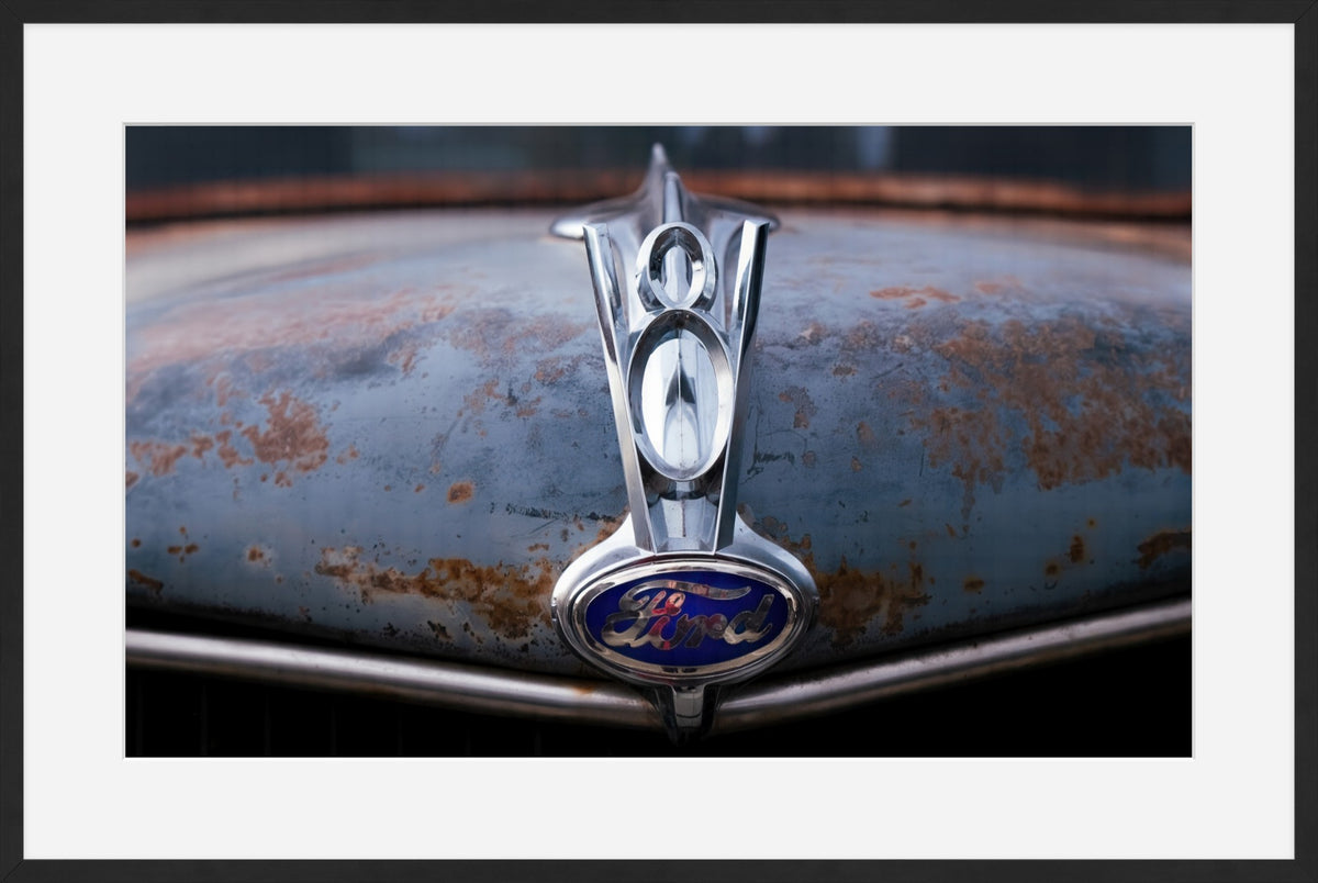 Vintage Ford V8 Hood Ornament Photo Print – Rustic Classic Car Wall Art