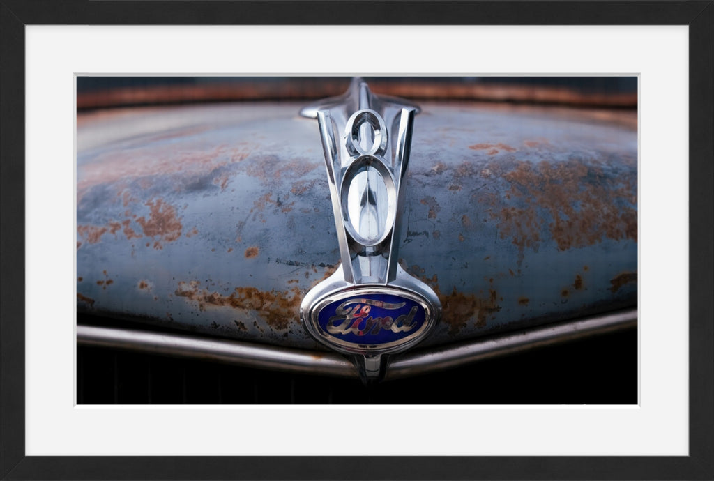 Vintage Ford V8 Hood Ornament Photo Print – Rustic Classic Car Wall Art