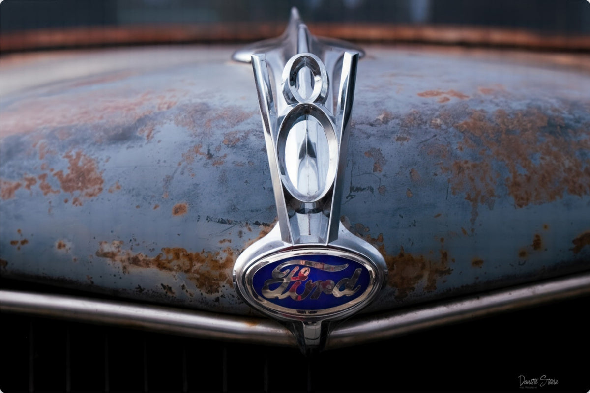 Vintage Ford V8 Hood Ornament Photo Print – Rustic Classic Car Wall Art