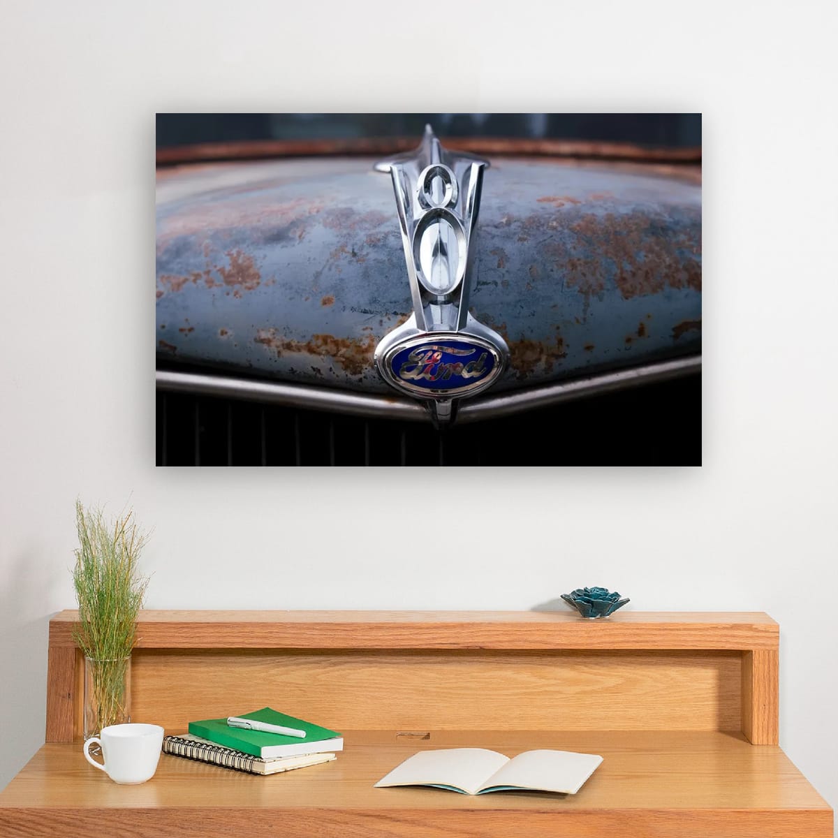 Vintage Ford V8 Hood Ornament Photo Print – Rustic Classic Car Wall Art