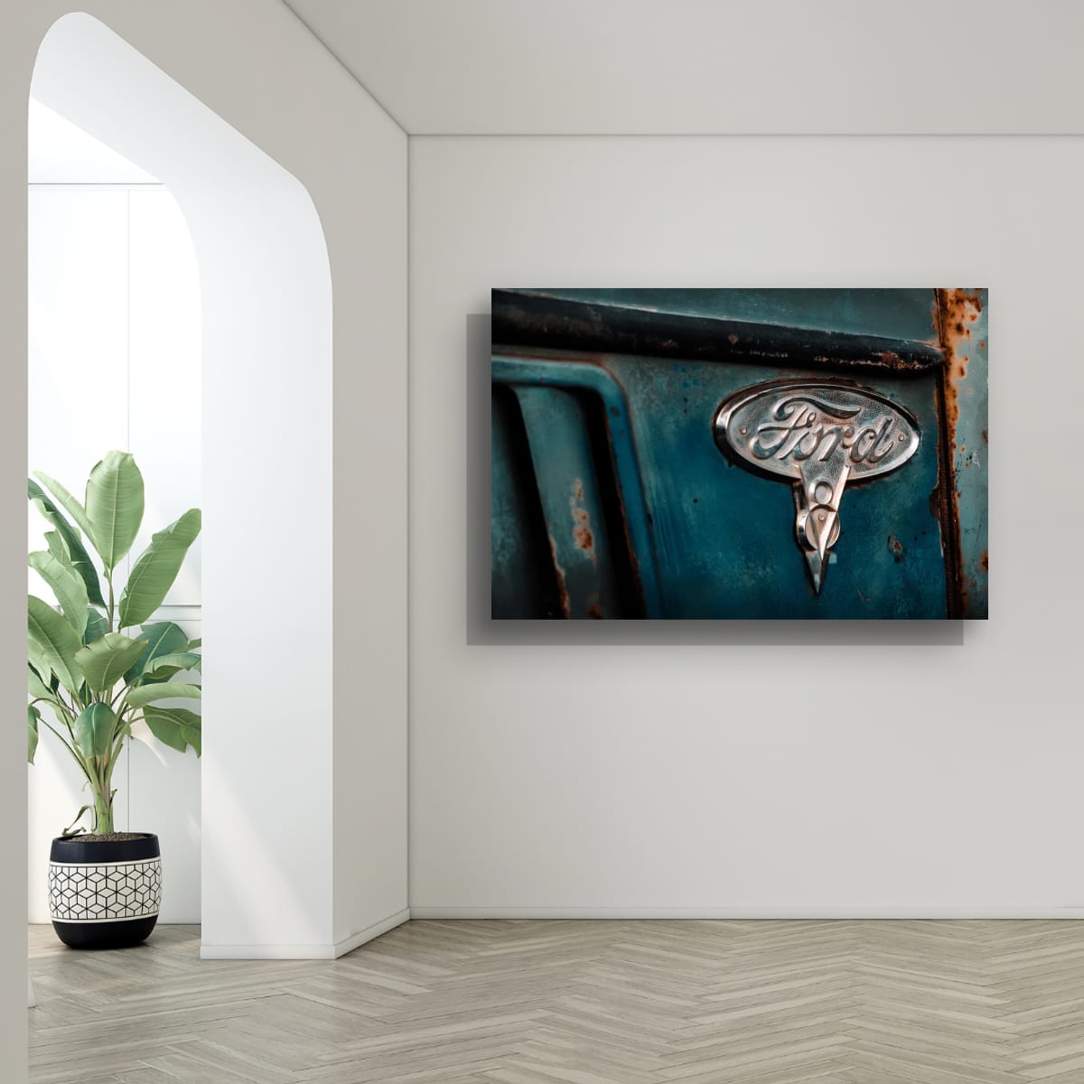 Teal Ford Emblem Close-Up – Vintage Truck Rust Photography Print