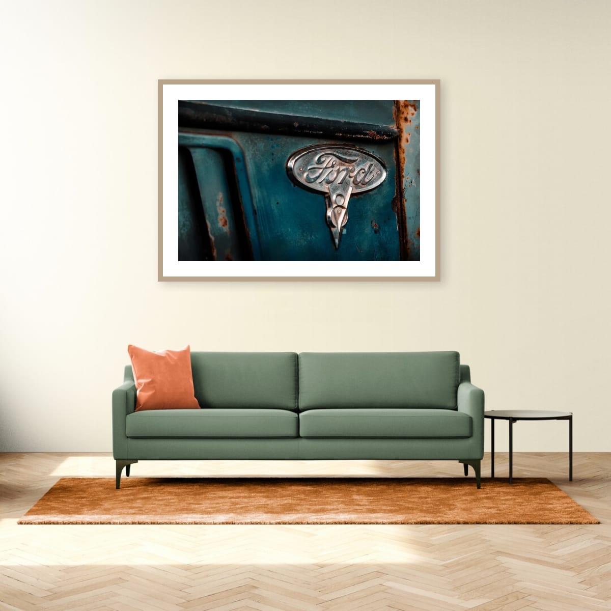 Teal Ford Emblem Close-Up – Vintage Truck Rust Photography Print
